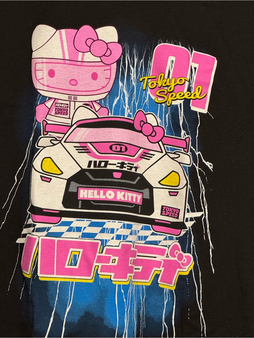 Sanrio Hello Kitty Tokyo Speed Racing Tee - Black, Pink & Yellow adult Large